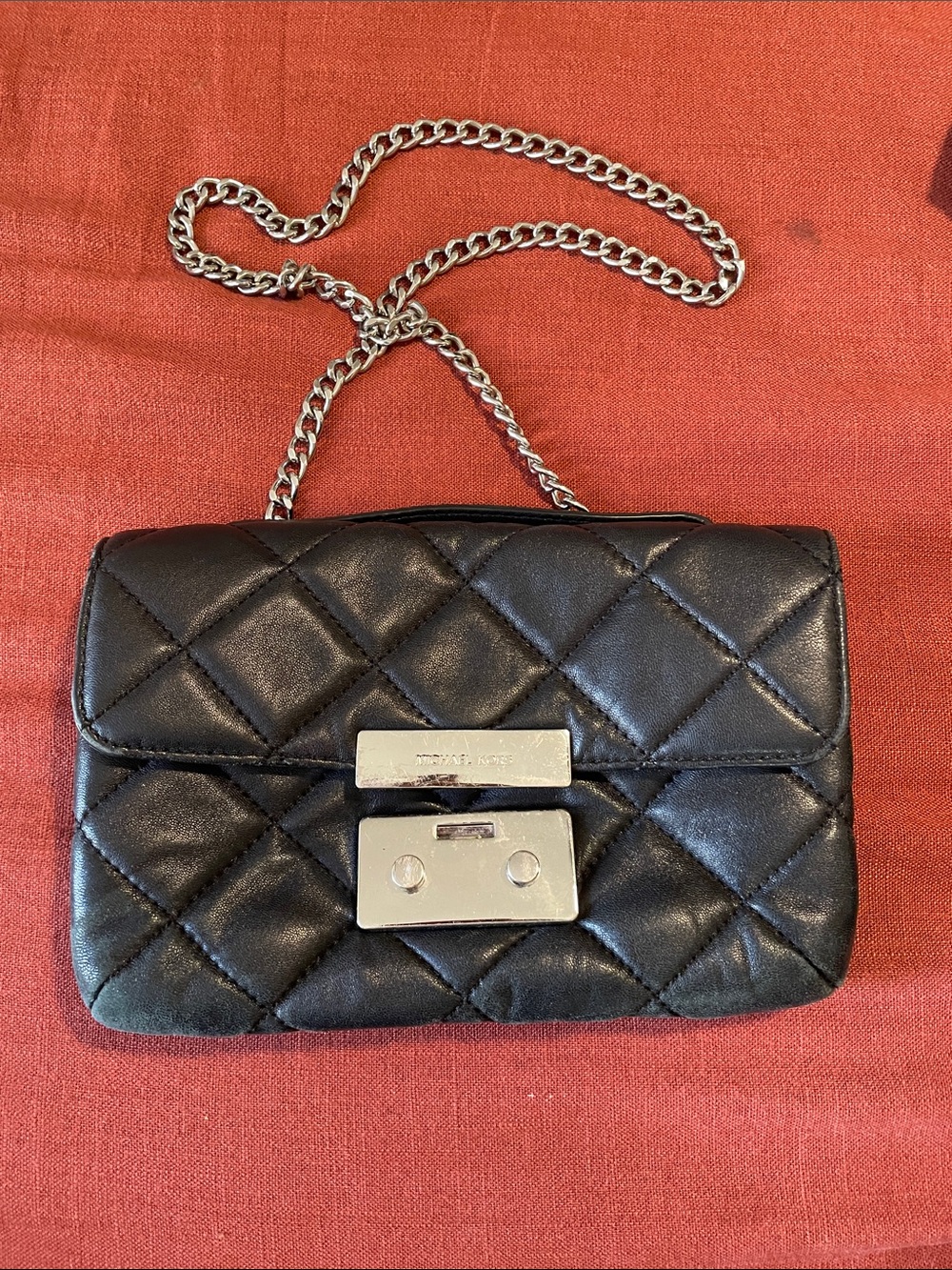 Michael Kors Black Quilted Leather Mini Crossbody with Silver Chain